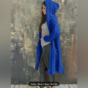 Long blue cable knit hooded sweater NWOT